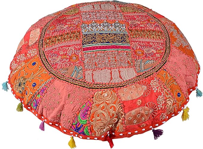 Indian Handmade Patchwork Codework Orange Round Pouf Cover Ottoman Floor Pillow Cushion Seating Throw Decorative Pom Pom Pillow Cases Boho 32 Inches, BFPC0109