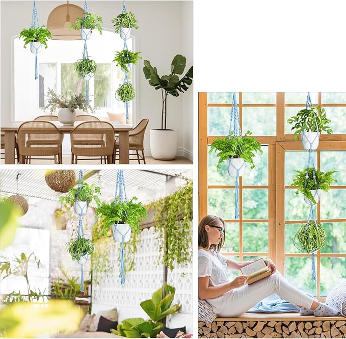 XXXFLOWER 3 Pack Macrame Plant Hanger Indoor Set with Hooks Handmade Woven Cotton Rope Flower Pot Crochet Plant Holder Stand Boho Plant Decor Hanging Planter Baskets Set of 3 with Beads Blue