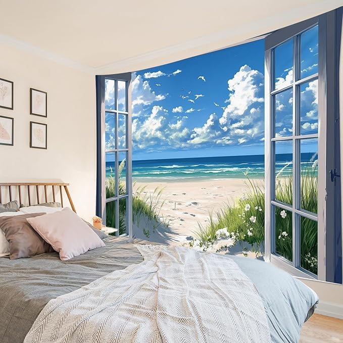 EOBTAIN Coastal Beach Tapestry Wall Hanging Blue Ocean and Sky outside the Window Landscape Tapestries Summer Nature Tapestry for Bedroom Living Room 80x60 Inch