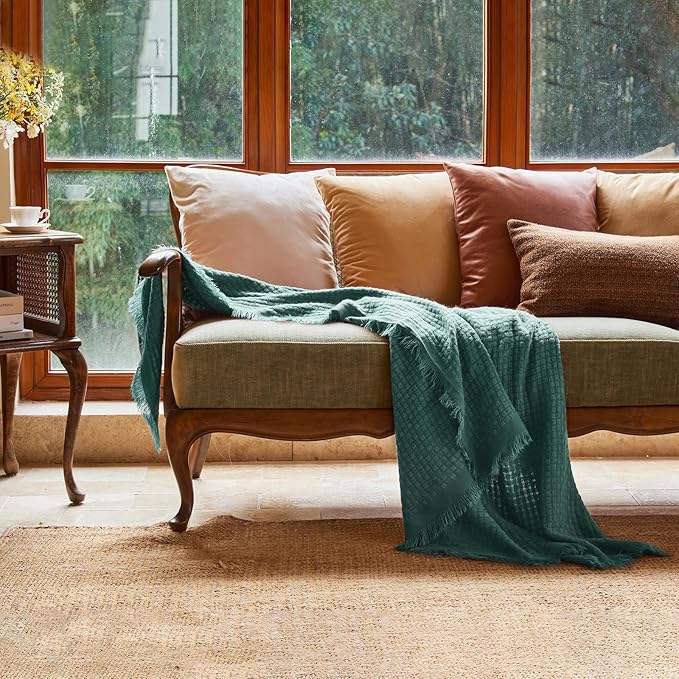 lifein Fall Throw Blanket for Couch-Soft Boho Bed Throw Blanketss,Cozy Knitted Teal Waffle Throw,Small Farmhouse Lightweight Blanket&Throws for Autumn,Woman,Chair,Sofa,Home Decor(Teal Blue,50 * 60")