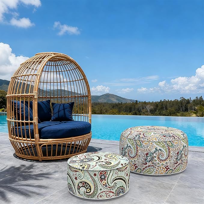 Indoor/Outdoor Inflatable Ottoman with Handle, Decorative Fade-Resistant Round Footstool D21 x H9 inch, Portable Ottoman Pouf for Patio Garden Camping, Paisley Lightcyan