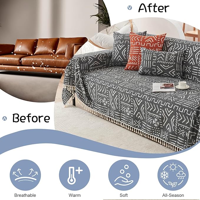 VClife Boho Couch Cover for 3 Cushion Couch Sofa Durable Soft Chenille Sofa Slipcover for Sectional Sofa, 1 PC Multi-Functional Sofa Covers Protector, Black and White Furniture Protector 71" x 134"