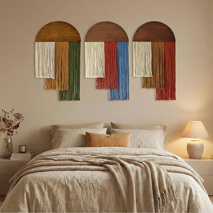HISBO 2 Pcs Boho Macrame Wall Hanging, Tie-Dye Tapestry, Three-color woven tapestry, Modern Chic Wall Decor, for Apartment Dorm Living Room Bedroom Nursery Backdrop 17.7" W X 29.5" L, Red and Green