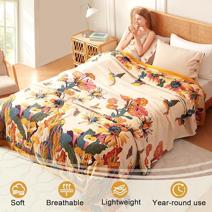Boho Throw Blanket for Bed 90"x90", 100% Soft Cotton Bohemian Blankets with Rustic Floral Printed Decor, Spring Throw Blanket for Couch Cozy Breathable King Size All Season