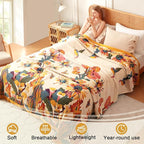 Boho Throw Blanket for Bed 90"x90", 100% Soft Cotton Bohemian Blankets with Rustic Floral Printed Decor, Spring Throw Blanket for Couch Cozy Breathable King Size All Season