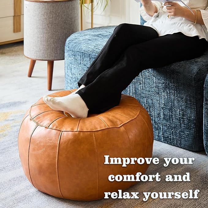 Louis Donné Unstuffed Pouf Ottoman Foot Rest DIY no Filler Cover Only Storage Waterprof Faux Leather Small Bean Bag Cover Reading Relax Floor Chair Waterproof Pet Friendly Easy Clean (Orange)