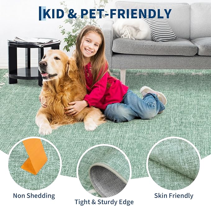 GarveeHome Bow Washable 8 x 10 Rug for Living Room Green 8x10 Playroom Rug Non Slip Soft Bedroom Rugs Low Pile Large Area Rug Stain Resistant Carpet for Nursery Dining Room, Green 8'x10'