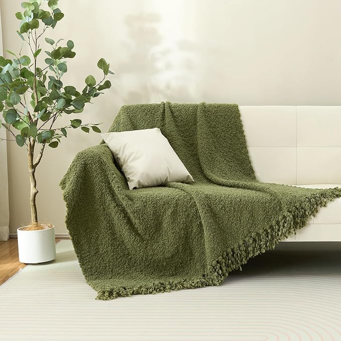 Throw Blanket for Couch, Olive Green Luxury Knitted Throws 60"x80", Textured Blankets with Handmade Fringe Tassels for Bed Sofa Decorative, Chunky Soft Farmhouse Boho Home Decor