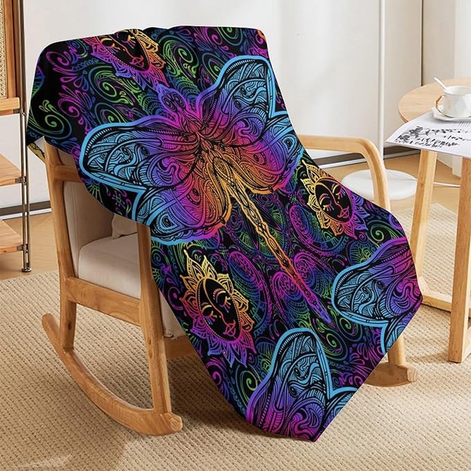 Mandala Boho Throw Blanket Colorful Dragonfly Sun Bohemian Blanket for Sofa Bed Couch Chair Or Dorm 40"x50"