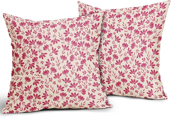Hot Pink Floral Pillow Covers 16x16 Set of 2 Vintage Rustic Old Style Cute Small Flower Pink Cream Print Decorative Outdoor Pillowcases Farmhouse Throw Cushion Case Decor for Couch Sofa Bed