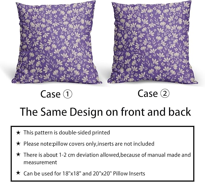 Purple Pillow Covers 20x20 Set of 2 Vintage Floral Rustic Old Style Cute Flower Print Decorative Outdoor Pillowcases Seasonal Farmhouse Throw Cushion Case Decor for Couch Sofa Bed