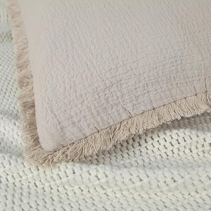YINFUNG Quilted Euro Shams Set of 2 Natural Beige Linen Muslin Cotton Farmhouse Neutral 26×26 European Pillow Cover Oatmeal Tassel Fringe Boho Decorative Textured Gauze Suqare for Bed Sofa Light Brown
