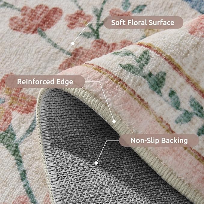 AMOAMI Vintage Floral 5x7 Area Rugs for Living Room Rug, Machine Washable Rug Non Slip Large Area Rug for Bedroom Indoor Low Pile Carpet Ultra Soft Boho Rugs for Dining Room Playroom Office, Beige