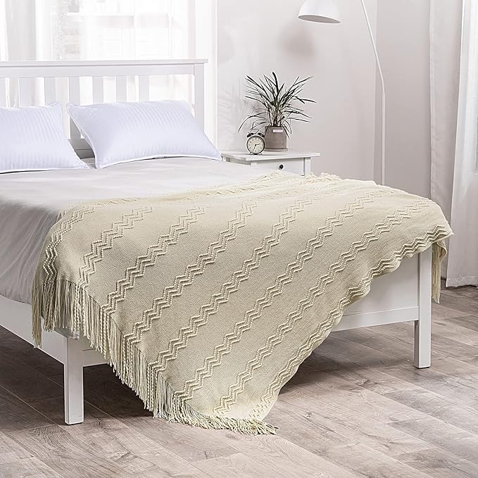 MIULEE Knitted Beige Throw Blanket Soft Sofa Knit Blanket for Couch 50 x 60 Inches, Solid Cozy Lightweight Wave Pattern Decorative Blankets with Tassels for Women, Kids