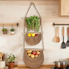 Halidali 3 Tier Hanging Fruit Baskets for Kitchen, Boho Cotton Rope Handwoven Vegetable Hammock Produce Storage Wall Mounted Large Organizing Basket for Farmhouse Decor, Onion, Potato (Caramel)