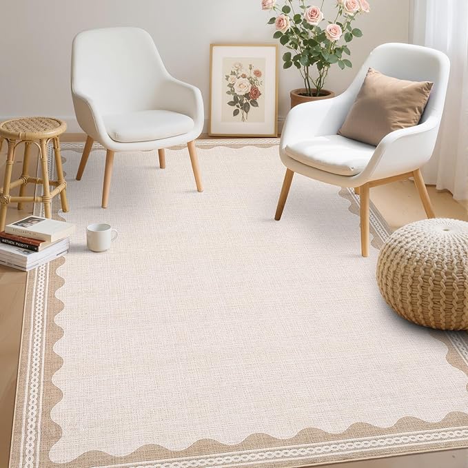 GarveeHome Scalloped 4x6 Rug Non-Slip Washable Low-Pile Carpet - Solid Beige Modern Rugs for Bedroom Living Room Nursery Kitchen Entryway Indoor Mat with Rubber Back