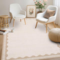 GarveeHome Scalloped 3x5 Rug Washable Non-Slip Low-Pile Indoor Rugs for Entryway Solid Beige Modern Carpet for Kitchen Bedroom Living Room Bathroom Indoor Mat