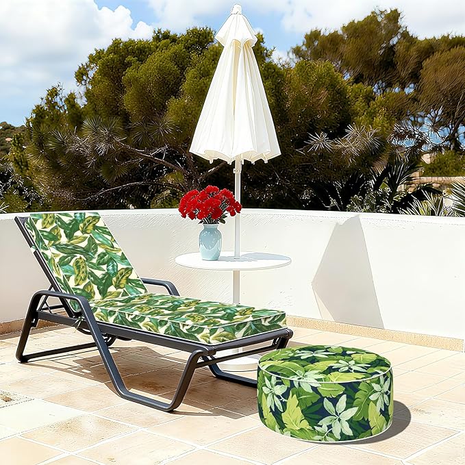 Indoor/Outdoor Inflatable Ottoman with Handle, Decorative Fade-Resistant Round Footstool D21 x H9 inch, Portable Ottoman Pouf for Patio Garden Camping, Jungle Leaves
