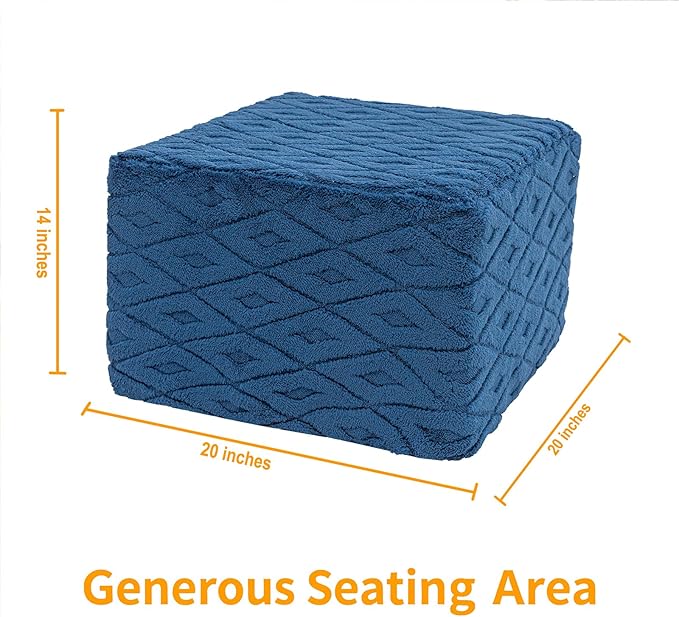 Fluffy Square Ottoman Pouf with All-in-One Foam Filling 20 x 14 Inches Furry Ottoman Foot Rest Foot Stool for Living Room or Bedroom (Navy)
