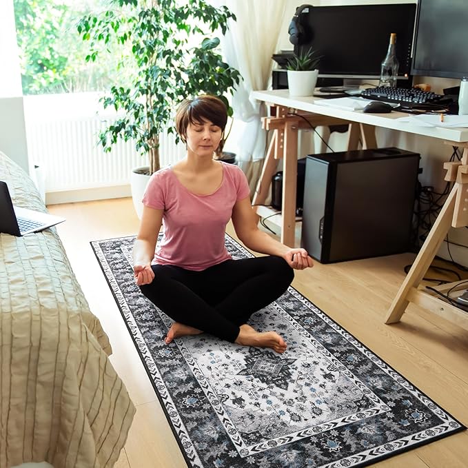 Amearea Vintage Design Runner Rugs for Living Room, 2x6 Machine Washable Floral Collection Traditional Bedroom Rug, Low Pile Cute Kids Room Print Carpet, No Slip Office Kitchen Home Decor, Black