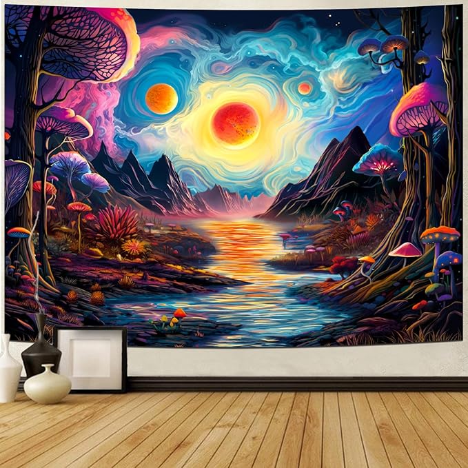 Generleo Fantasy Forest Mushroom Tapestry Galaxy Planet Tapestries Magical River Mountain Wall Decor Mysterious Starry Sky Tapestry Wall Hanging for Bedroom
