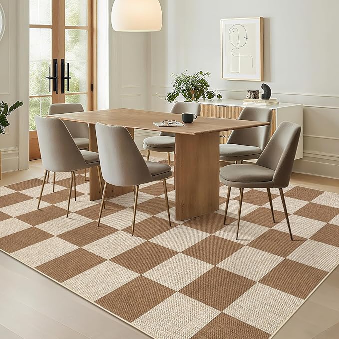 GarveeHome Checkered Easy Jute Area Rug 10x13 Machine Washable Non-Slip Stain Resistant Indoor Outdoor Rugs for Living Room, Bedroom, Kitchen, Dining, Patio Farmhouse Style Brown