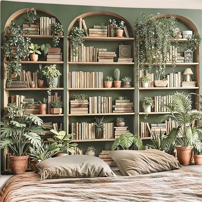 Accnicc Sage Green Plant Bookshelf Tapestry Botanical Bookshelf Tapestries Wall Hanging Vintage Potted Plants Library Backdrop Large Tapestry for Bedroom Living Room Dorm 80 x 60 inch