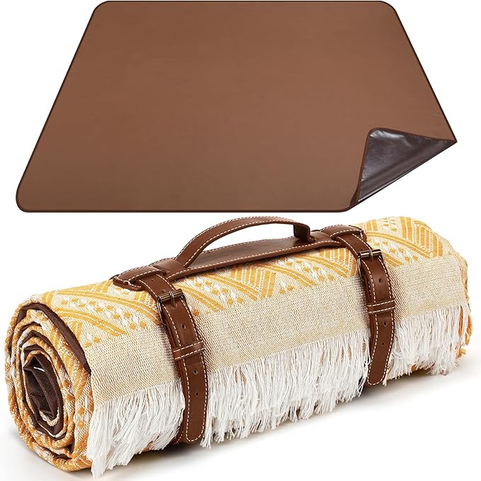VitalCozy Waterproof Picnic Blankets 71×71 inch Outdoor Blanket Foldable 2 in 1 Double Layer Sandproof Beach Mat with Carry Strap for Camping Lawn Park Beach Grass(Yellow)