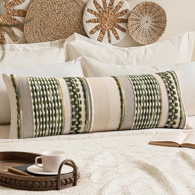 ANRODUO Pack of 1 Boho Decorative Throw Pillow Covers 14x36 Farmhouse Cushion Case Long Chenille Pillow Cases Lumbar Pillow Covers Accent Neutral Pillowcase for Sofa Couch Bed, Olive Green Stripe