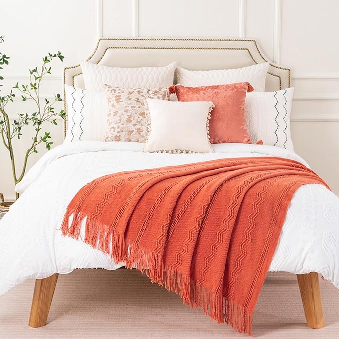 BATTILO HOME Orange Fall Throw Blanket for Couch Sofa, Knitted Decorative Blankets Throws Halloween Throw Blanket Fall Decorations Home Decor (Salmon, 50"x60")