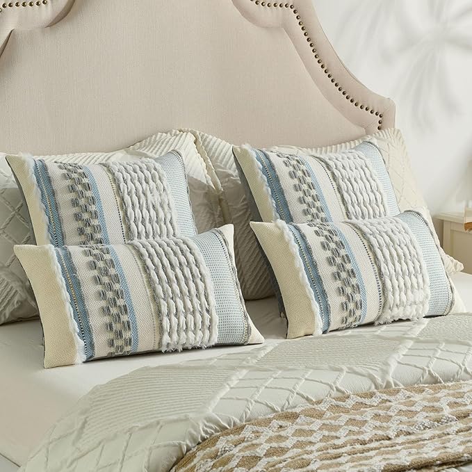 FUTEI Grey Accent Throw Pillow Covers Set of 2, 18x18 Inch Plush Tufted Striped Textured Decorative Cushion Cases for Farmhouse Boho Couch Decor