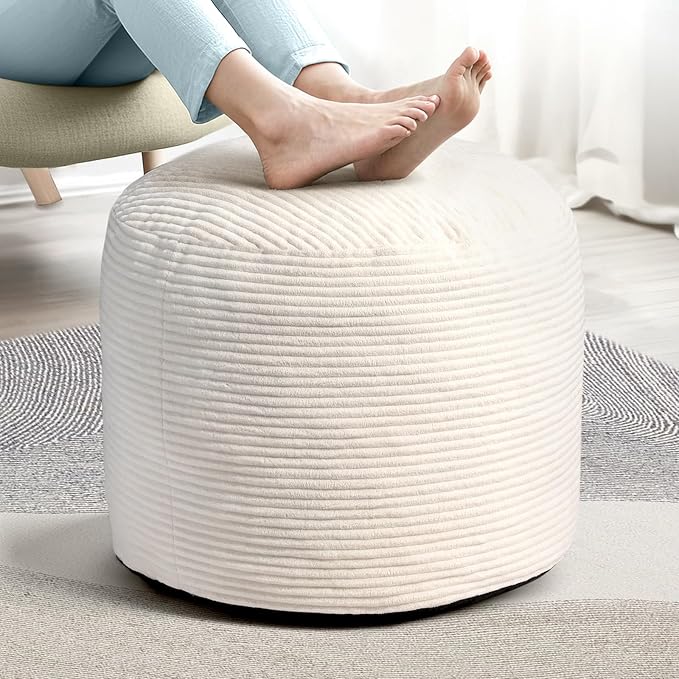 Dual-Size Corduroy Ottoman with Hidden Zipper – Ergonomic Memory Foam Footrest Poufs for Office Desks, Couches & Delicate Floors,Off-White 26"x 18"