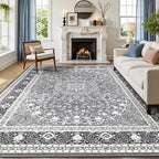 Lofus 8x10 Area Rugs for Living Room, Machine Washable Non-Slip Area Rug, Low Pile Large Rugs for Bedroom, Kitchen, Dining Room, Home Office, Vintage Oriental Print Rug, Light Grey with White
