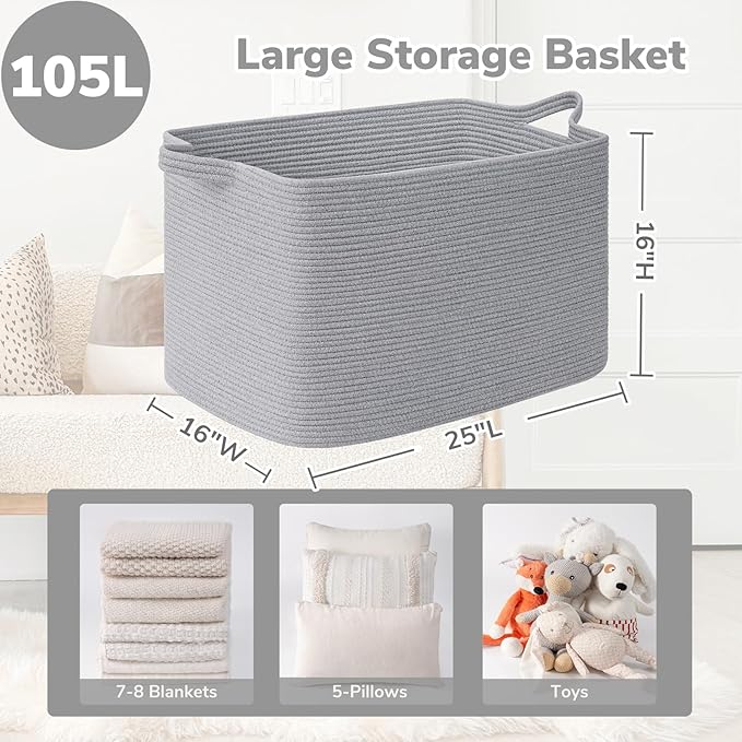 Goodpick 105L Extra Large Blanket Basket 25" x 16" x 16" Cotton Rope Storage Bins for Dirty Clothes, Rectangle Woven Laundry Basket for Living Room Bedroom, Toy Storage Baskets for Kids, Gray