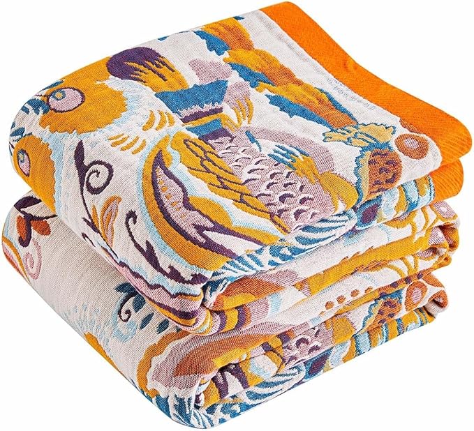 Boho Blanket Soft Muslin Boho Throw Blanket 100% Cotton Blanket All Seasons Reversible Rustic Floral Printed Vintage Rustic Farmhouse Decor Throw for Sofa Couch Chair (Yellow, 50"x60")