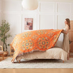 Boho Throw Blanket for Bed 100% Cotton Soft Lightweight Quilt Floral Embroidery Home Decor Spring Breathable Orange Bed Blankets,90"x98" All Season Reversible Blankets for Sofa Couch Chair