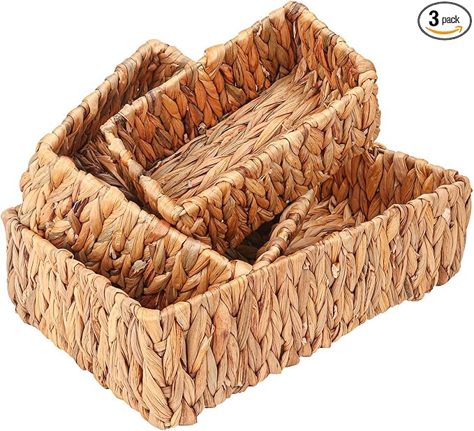 3 Set Rustic Water Hyacinth Storage Baskets - Rectangular Wicker Set for Organizing, Decorating, Bathroom, Living Room, Dining Room