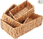 3 Set Rustic Water Hyacinth Storage Baskets - Rectangular Wicker Set for Organizing, Decorating, Bathroom, Living Room, Dining Room