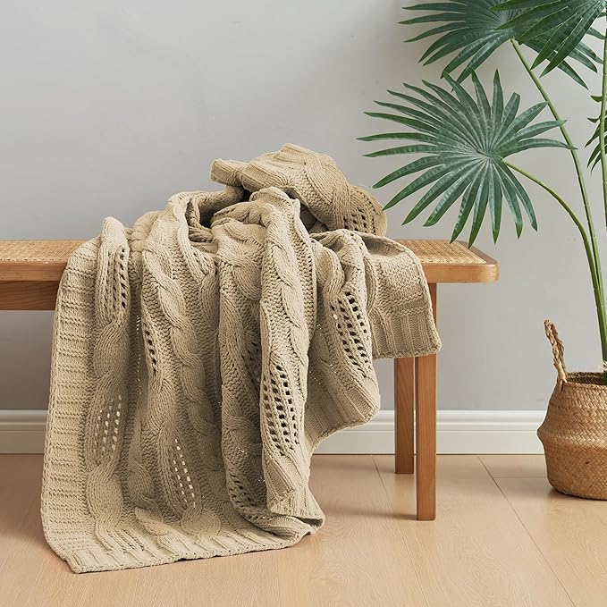 Amélie Home Chunky Knit Throw Blanket, Dual-Sided Soft Chenille Breathable Cable Knitted Blanket for Couch, Farmhouse Decorative Throw for Sofa & Chair, 60"x80", Beige