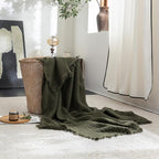 FOSSA Muslin Blanket with Fringe - 4-Layer 100% Cotton Gauze Super Soft & Breathable Throw -Lightweight Decorative Cooling Blanket for Bed, Sofa, Office (Olive Green, Throw (60" × 50"))