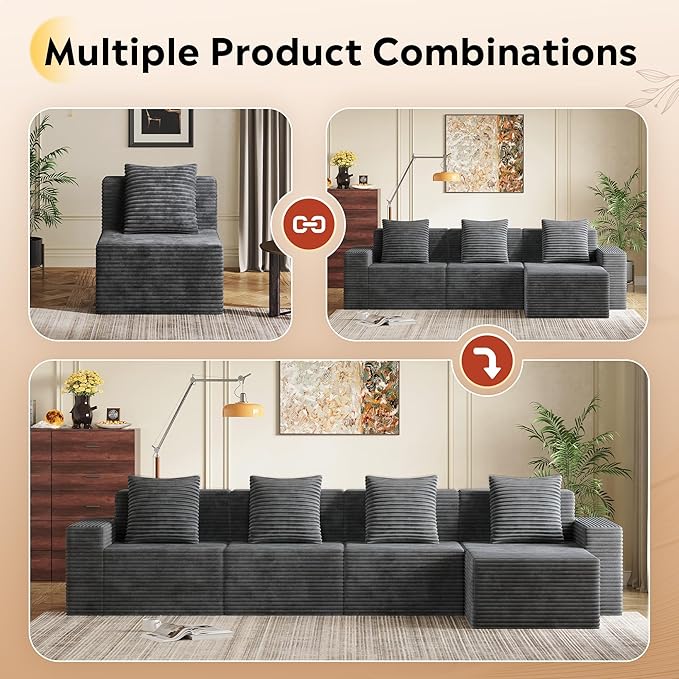 WLIVE 32'' Middle Sofa Seat of Cloud Sectional Couches for Living Room, Boneless Armless Chair, Memory Foam Corduroy, Grey