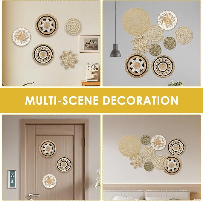 HJJWNDDNG 9 Pack Boho Wall Basket Decor Set, Hanging Woven Seagrass Rattan Wicker Boho Wall Decor, Round Farmhouse Wall Hanging Baskets Rustic Flat Wall Art for Living Room Bedroom Kitchen (Style 9)