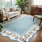 Lahome Floral Blue 8x10 Rugs for Living Room, Scalloped Washable Boho Area Rug Non Slip Vintage Low Pile Large Rug for Bedroom, Farmhouse, Dining Room, Kids Playroom Ariele