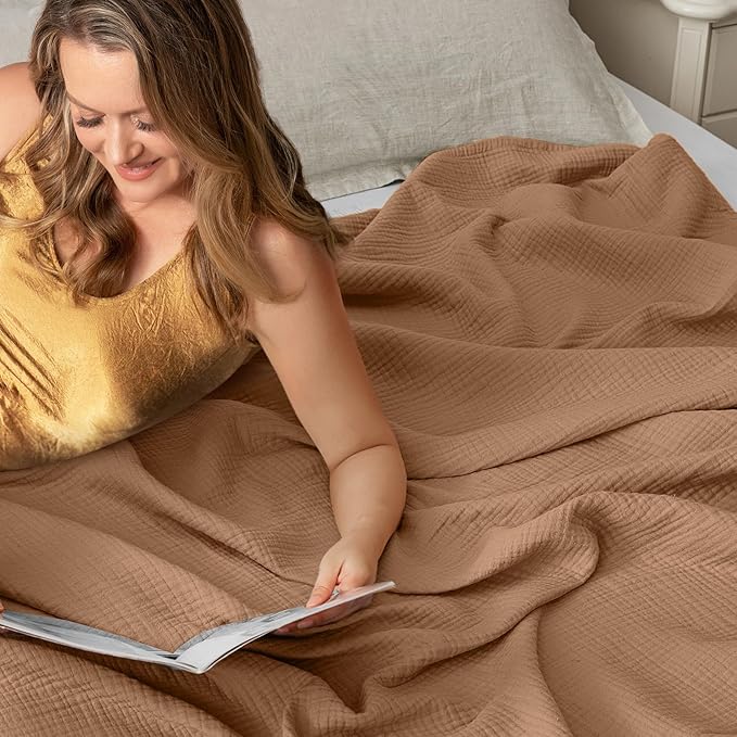 PHF 100% Cotton Muslin Blanket Queen Size 90"x90", 4-Layer Lightweight Gauze Throw, Breathable Cloud-Soft Minimalist Blanket for Bed, Couch, Camping & Baby, Coco Brown, Ideal Gift