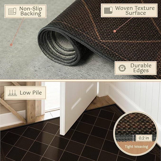 Large Dark Brown Checkered Easy Jute Outdoor Area Rug 5x7, Boho Diamond Geometric Pattern Non-Slip Living Room Patio Rug Indoor, Low Pile Stain Resistant Boho Decor Carpet for Dining Room and Office