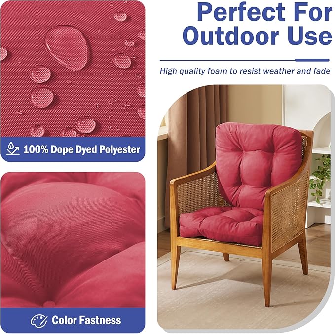 Outdoor Chair Cushions Set of 4, Patio Chair Cushions with Ties, 19x19+5” Tufted Outdoor Seat Cushions, Waterproof Patio Furniture Cushions, Outdoor Dining Chair Pads, Burgundy