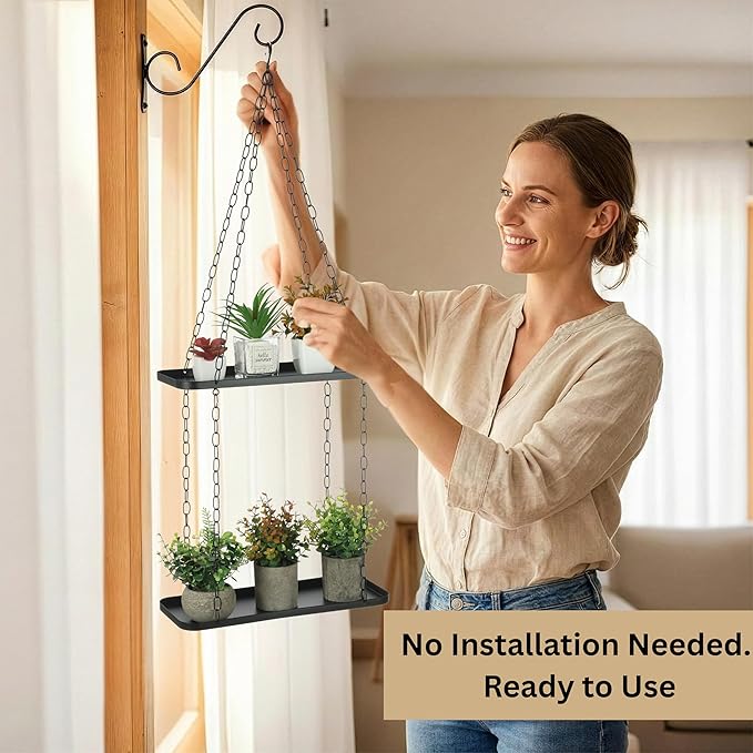 Shinehola Hanging Planters for Indoor Outdoor Plants (Length - 15.5"), Plant Hanger Indoor | Large Metal Hanging Plant Holder, 2-Tier Hanging Planter Shelf, No Plant/Pot Included (Black, 2-Tier)