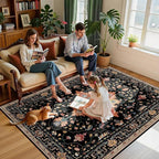 Area Rugs 6'x8' Washable Non-Slip, Floral Vintage Distress Print Pattern Medallion Carpet for Living Room Bedroom Dining Room, Black Colorful Floral Dark Tan