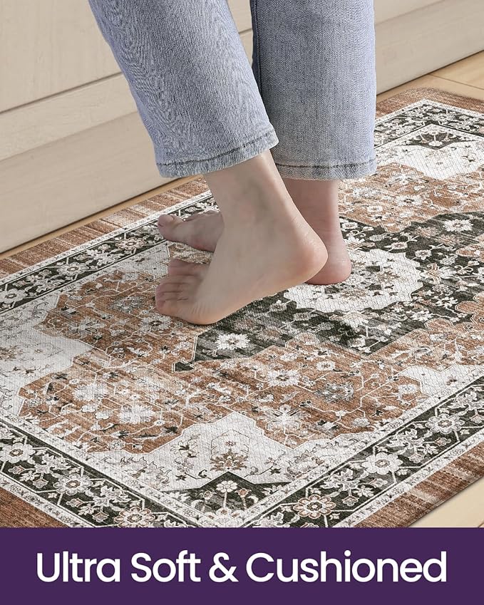 DEXI Kitchen Mats for Floor Cushioned, 23x35 Wide Runner Rug Non Slip, Waterproof Soft Comfort Standing Padded Anti Fatigue Decorative, Brown/White