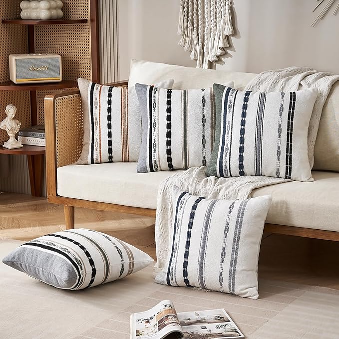 Boho Throw Pillow Covers 18 x 18 Chenille Pillow Covers Striped Square Elegant Neutral Striped Pillowcase Double Sided Pattern Soft Plush Farmhouse Home Decor for Living Room Couch Pack of 2